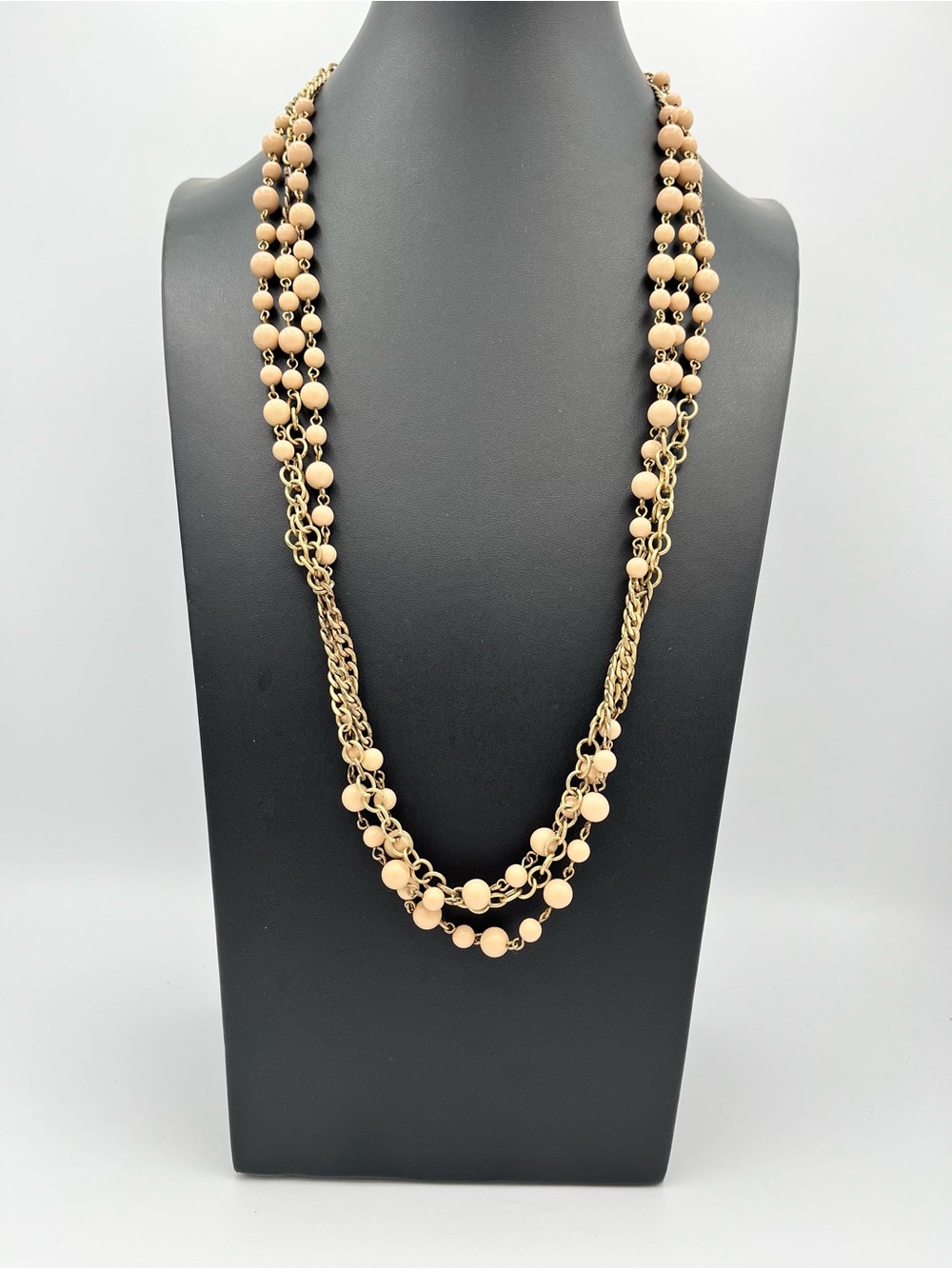 Layered Beige Bead Necklace with Gold-Tone Chains